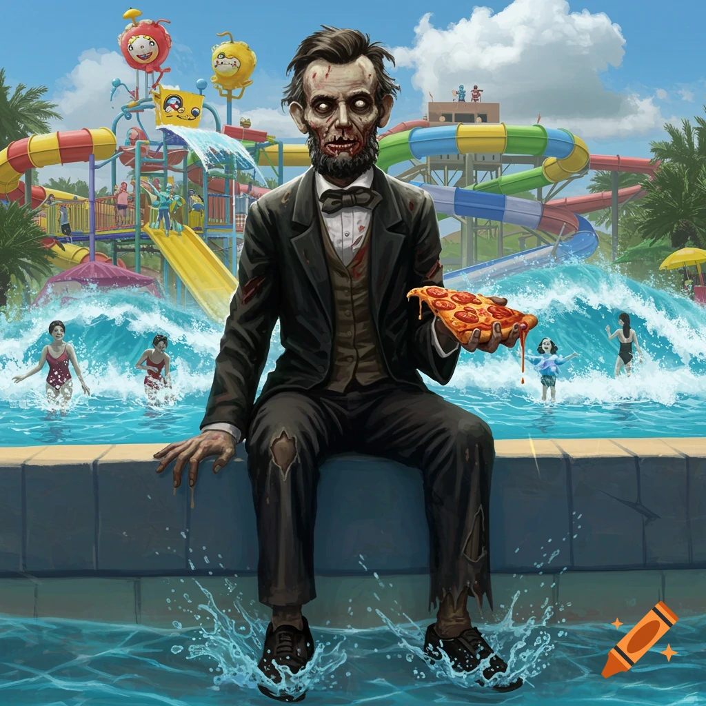 Zombie Abraham Lincoln sits by a waterpark pool, holding a pepperoni pizza slice, with colorful water slides and swimmers in the background.