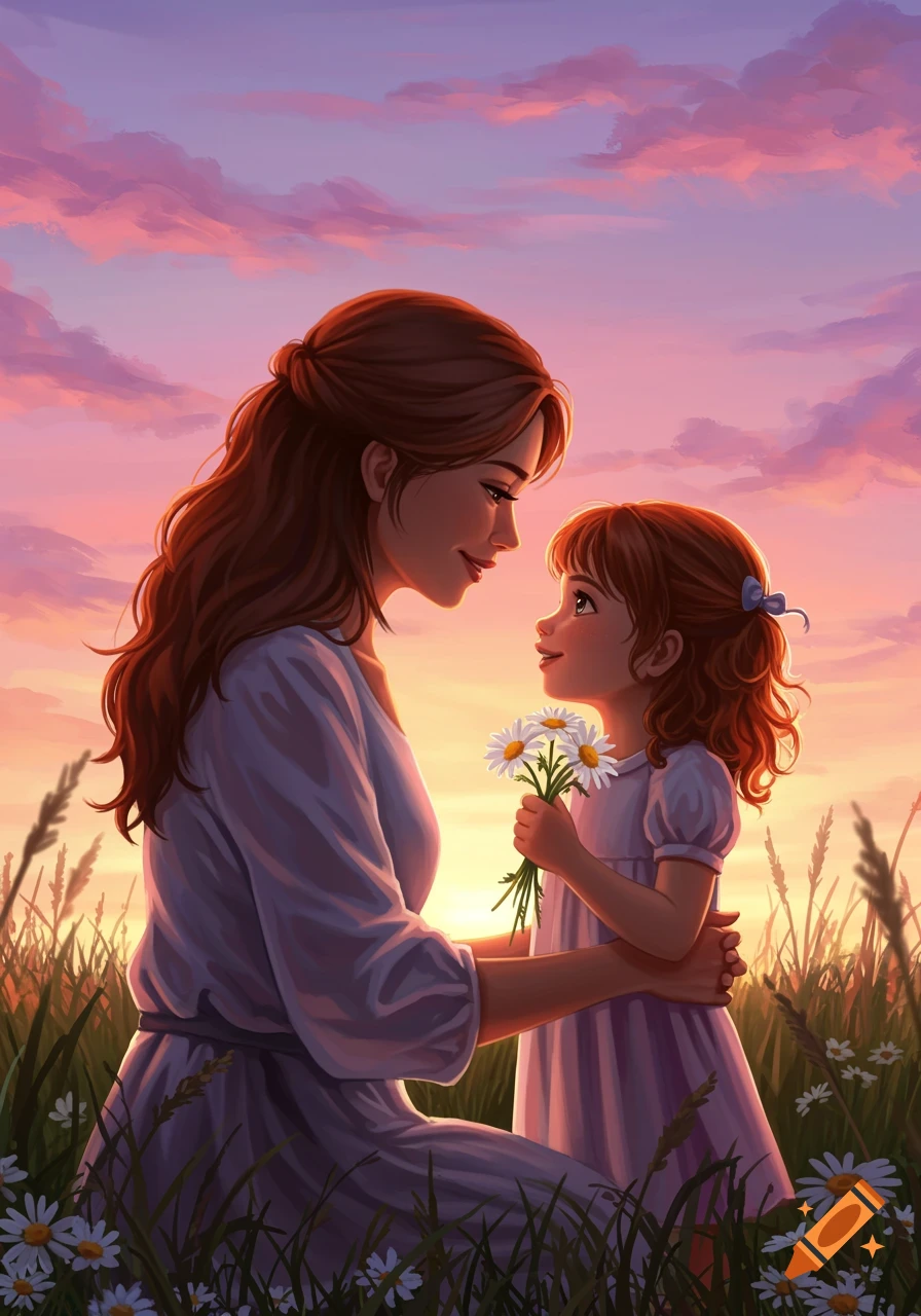 Illustrated mother and daughter embracing in a field of daisies at sunset.