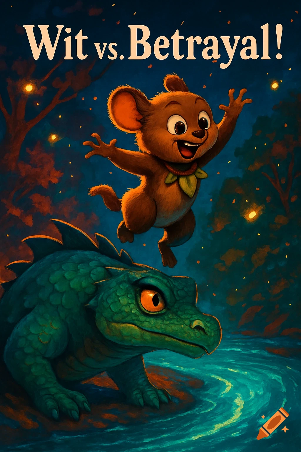 A cartoon brown mouse-like creature leaps happily over a green dragon in a dark, glowing forest river. Text reads 'Wit vs. Betrayal!'
