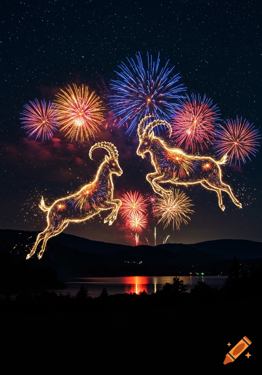 Two luminous fireworks goats leap against a dark, starlit night sky filled with colorful fireworks over a lake and mountains.