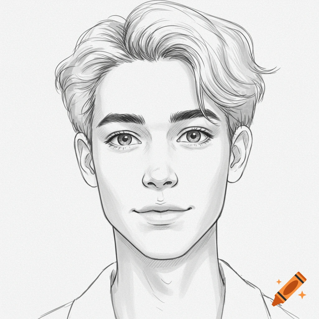 A detailed pencil sketch of a young male's face, looking directly forward with a subtle smile.
