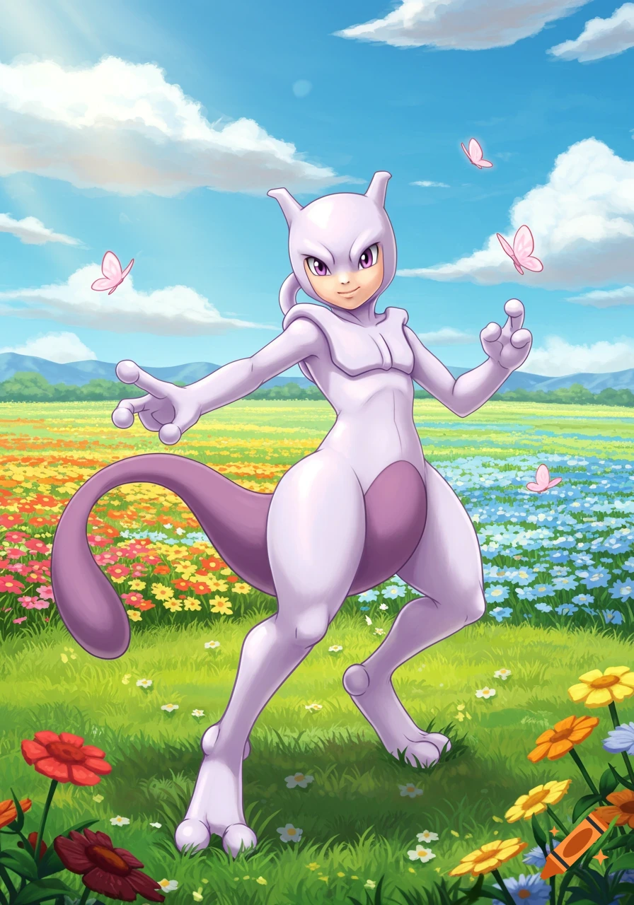 Stylized depiction of a purple, human-like Mewtwo character standing in a vibrant field of colorful flowers with butterflies.