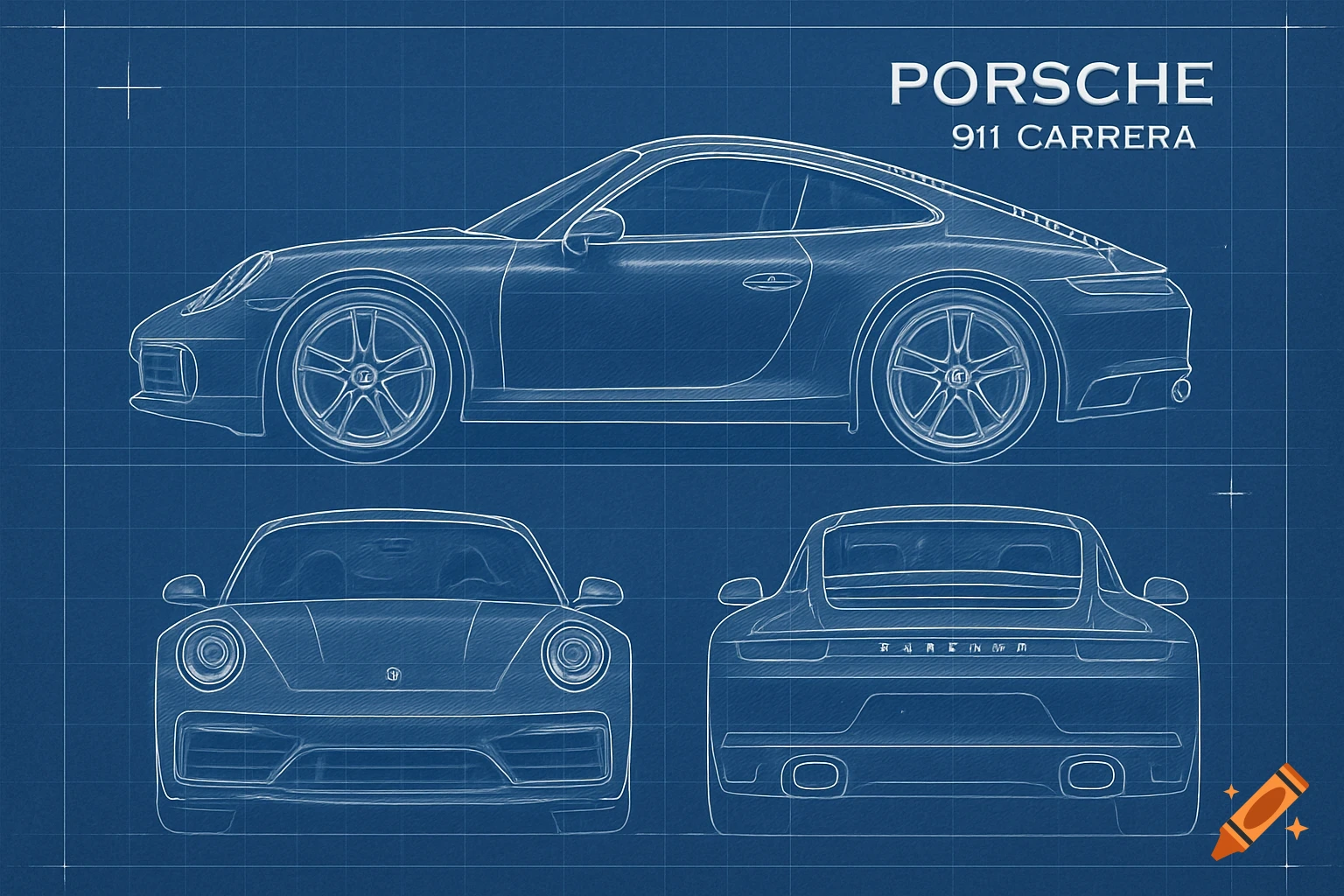 A blueprint showing side, front, and rear views of a Porsche 911 Carrera on a blue background.