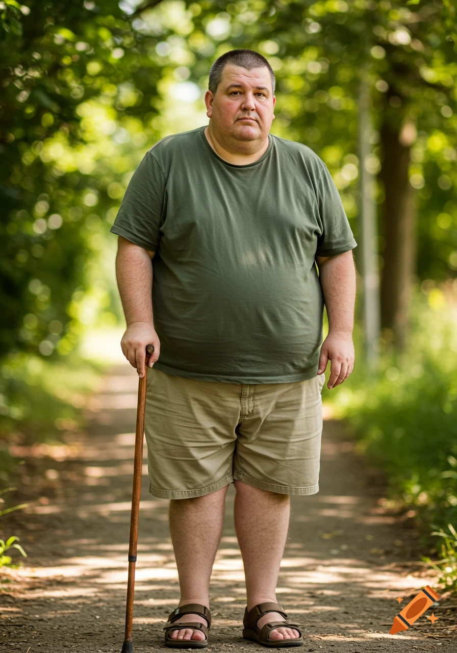 An obese man with short dark hair, wearing a green t-shirt, khaki shorts, and sandals, stands holding a cane on a shaded park path.