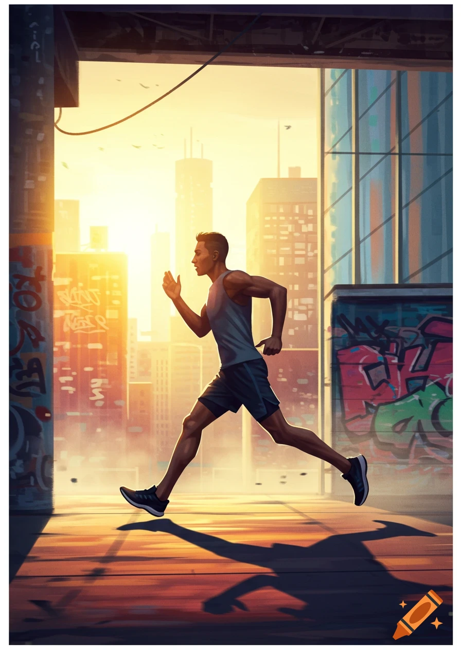 Illustrative image of a man running through a city street at sunrise, with graffiti on pillars.