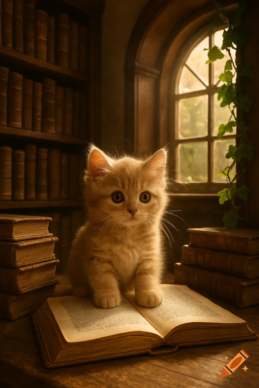 A fluffy ginger kitten sits on an open book on a wooden desk in a cozy, dimly lit library with bookshelves and a window.