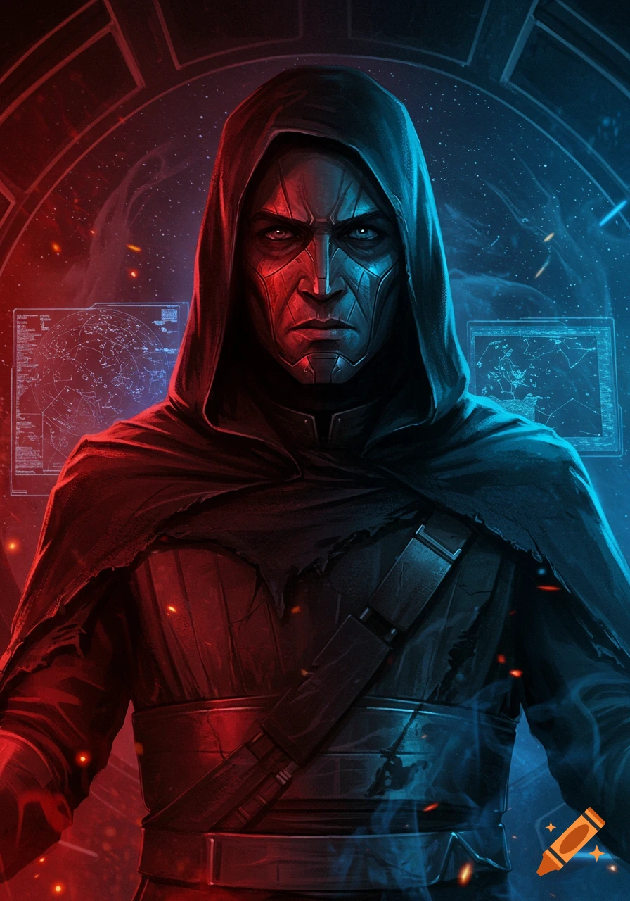 A hooded figure with a half-masked, stern face, illuminated by red and blue light, against a cosmic background with glowing maps.