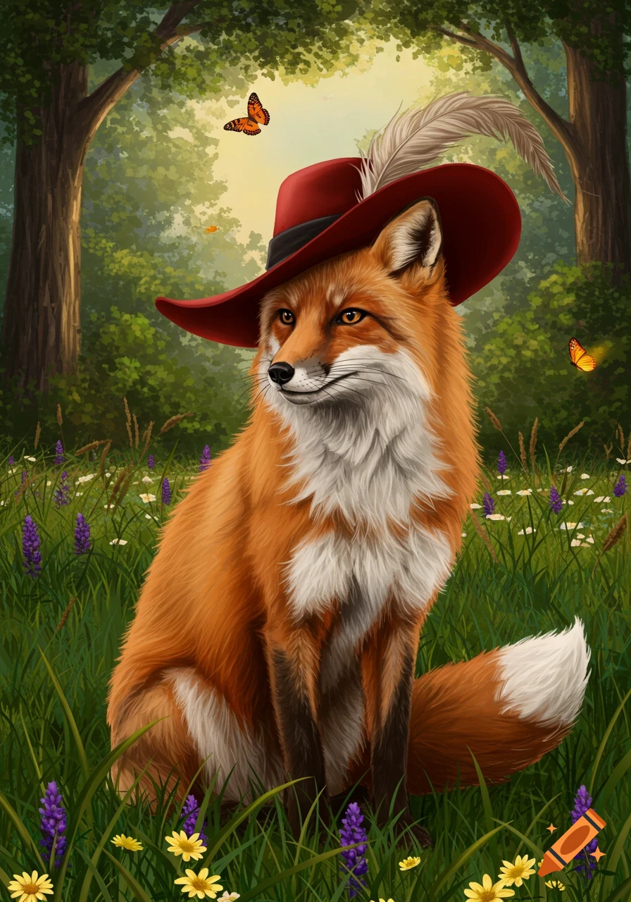 A red fox wearing a red feathered hat sits in a forest clearing among purple and yellow wildflowers, with butterflies around.