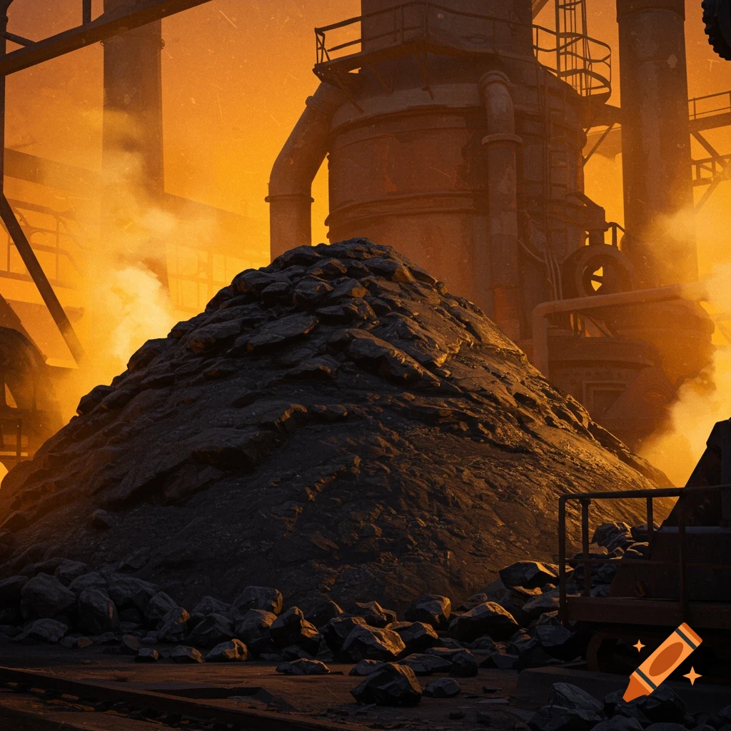 Large pile of coal in front of a factory with smokestacks under a smoky orange sky, industrial landscape.