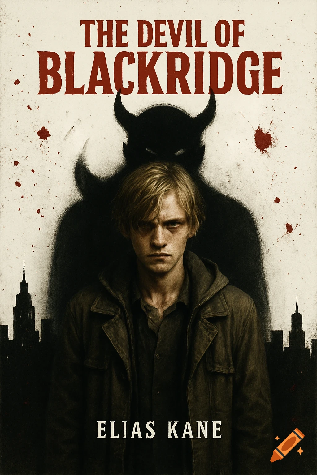 Dark movie poster: solemn young man with a shadowy horned devil behind him, city silhouette, blood splatters. Text: The Devil Of Blackridge.