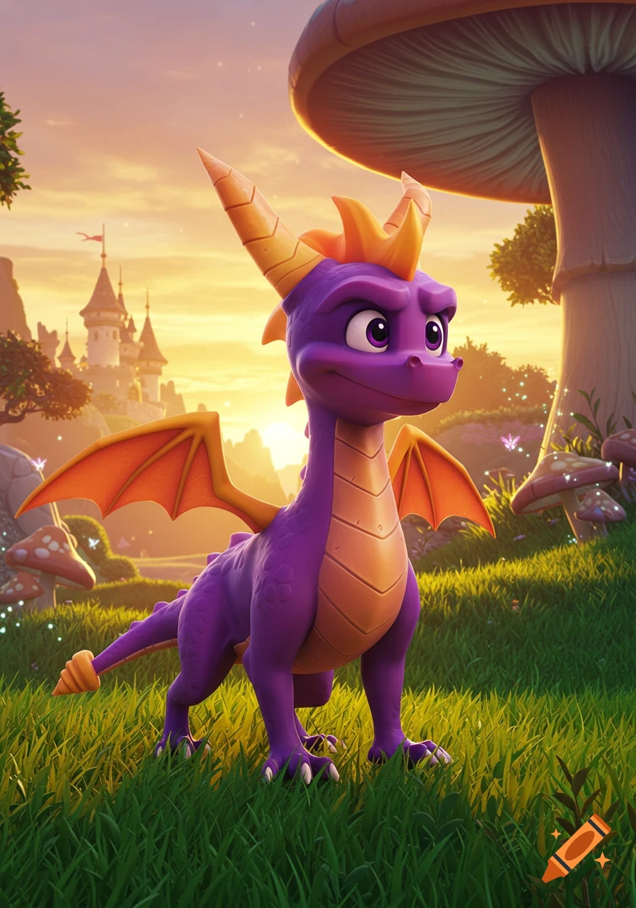 Spyro the purple dragon stands in green grass under a sunset sky with a castle and giant mushrooms in the background.