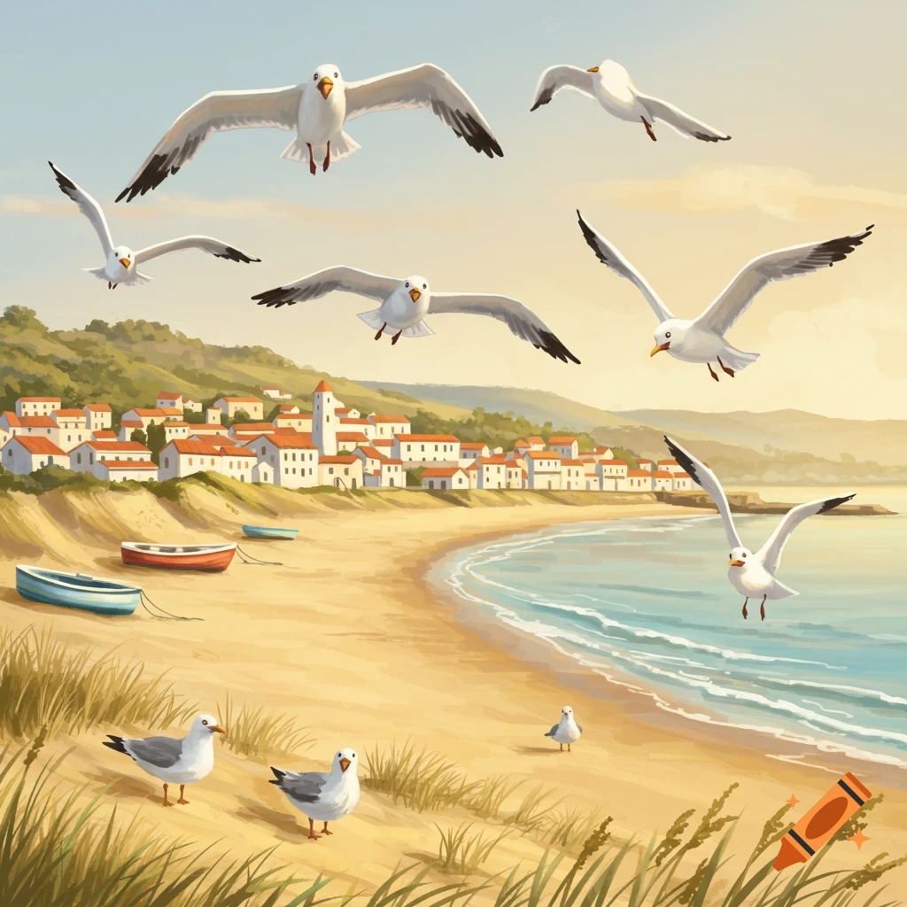 Illustrated scene of seagulls flying and standing on a sunny beach with a coastal town and boats in the background.