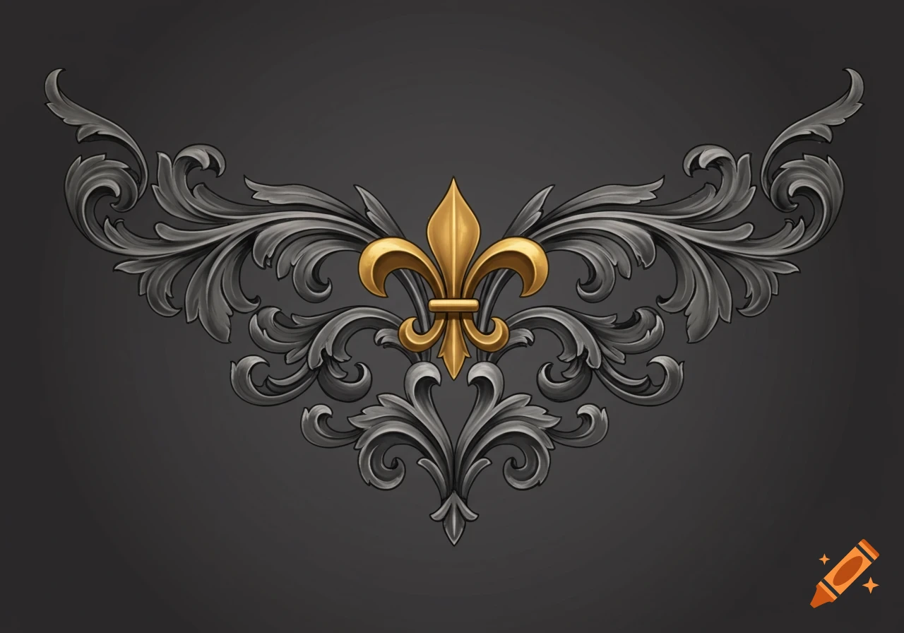 A decorative golden fleur-de-lis surrounded by intricate gray and silver scrollwork on a dark gray background.