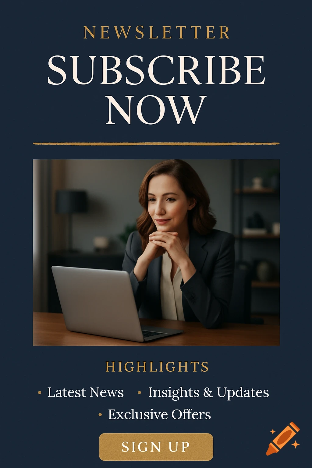 A professional woman in a suit looks at a laptop, with a newsletter advertisement displaying 'SUBSCRIBE NOW' and highlights.