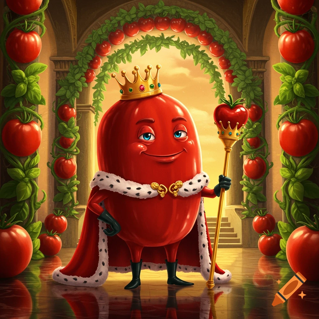 A cartoon king tomato wearing a crown and cape, holding a scepter, stands in a grand hall adorned with tomato and basil vines.
