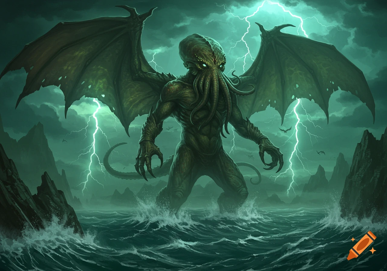 A monstrous Cthulhu-like creature with large wings and tentacles rises from stormy seas under a lightning-filled, dark sky.