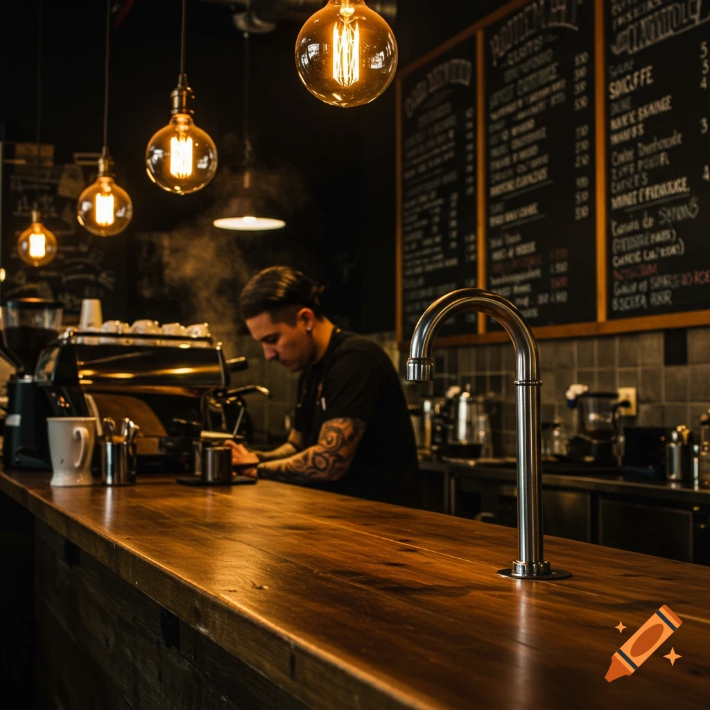 A photorealistic image of a barista working behind a wooden counter in a dimly lit coffee shop with glowing Edison bulbs and a menu chalkboard.