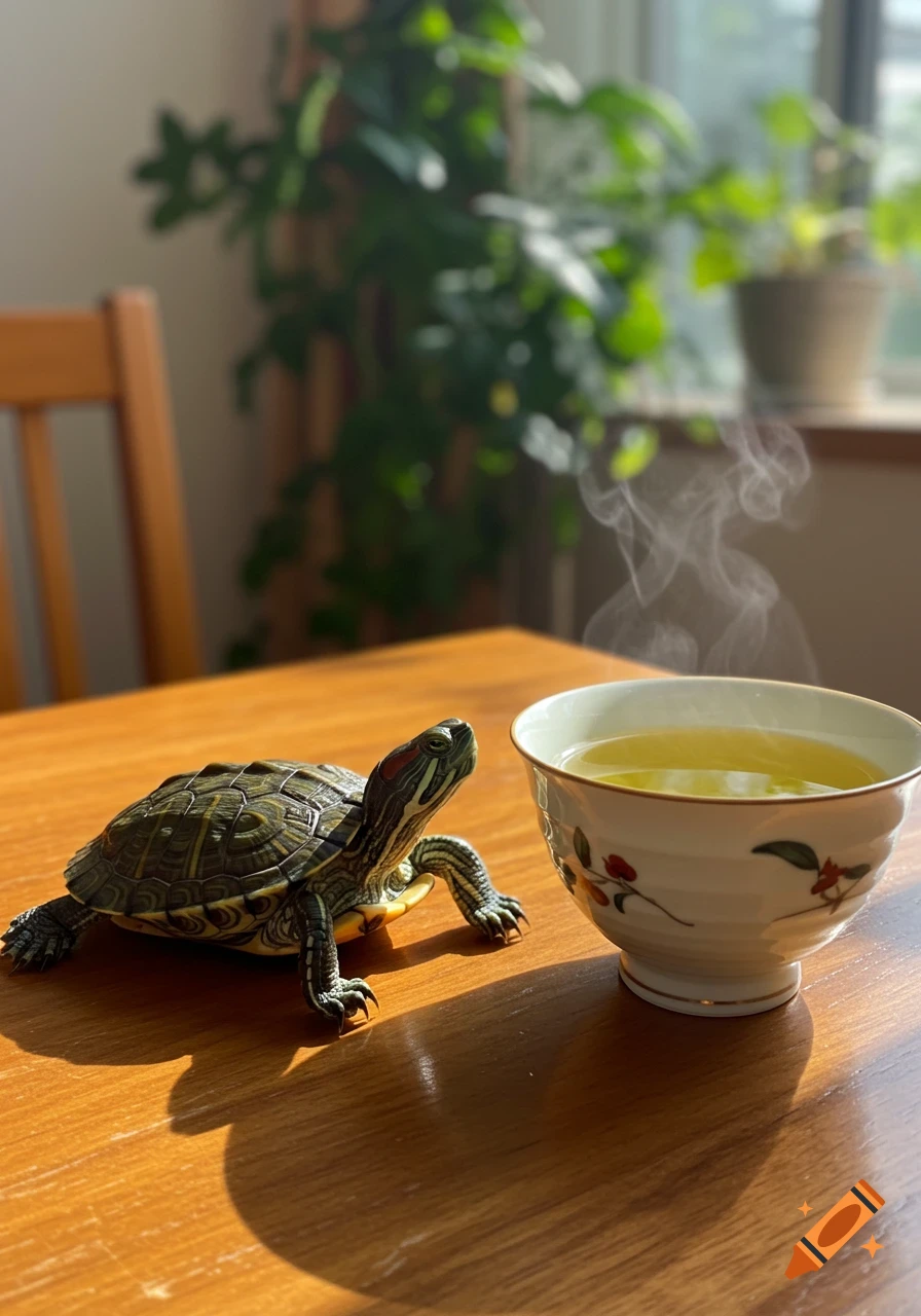 A Red Eared Slider turtle looks up at a steaming cup of tea on a wooden table.