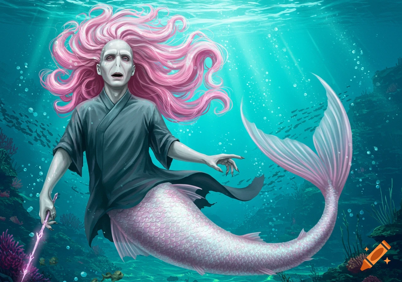 Voldemort as a mermaid with long pink hair and a shimmering tail swims underwater with a glowing wand, surrounded by fish and coral.