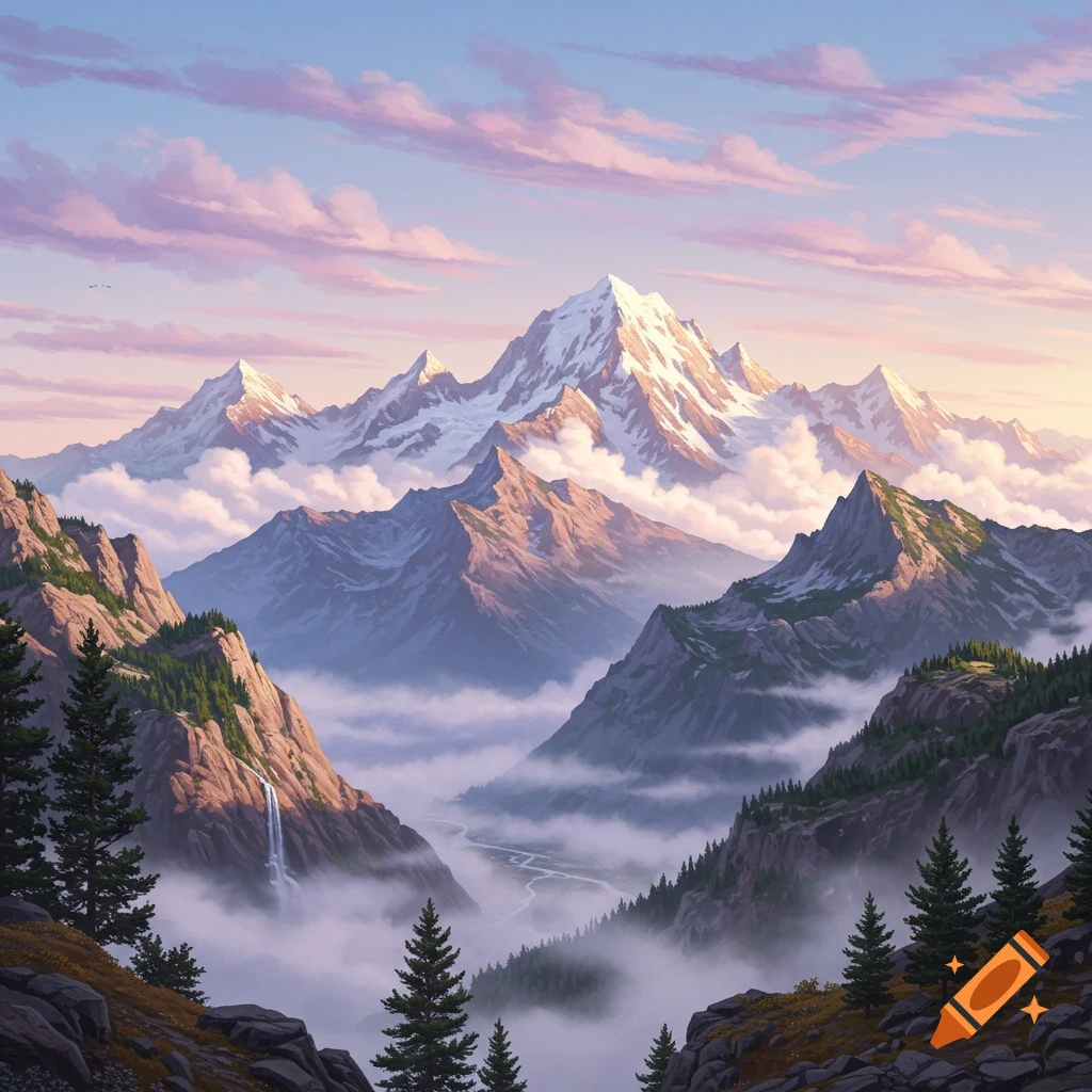 Scenic painted landscape of snow-capped mountains, misty valleys, pine trees, and a waterfall under a colorful sky.
