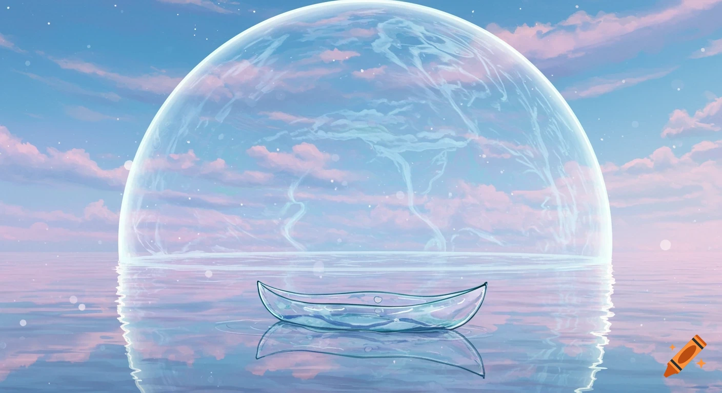 A delicate transparent glass canoe floats on still water inside a huge translucent dome under a pastel pink and blue sky. Ethereal, dreamlike.