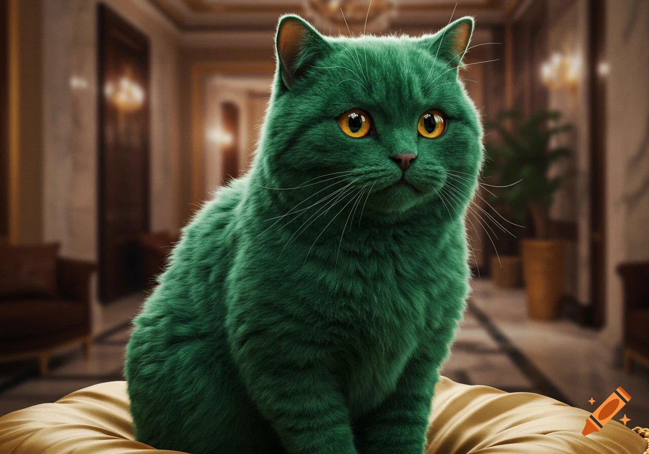 A vibrant green cat with large orange eyes sits regally on a gold cushion in a luxurious, dimly lit hallway. Photorealistic style.