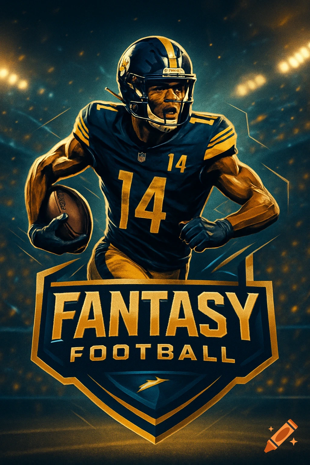 A stylized football player in a blue and gold uniform with number 14, holding a football, running against a blurred stadium background. Below him is a shield-shaped logo with "FANTASY FOOTBALL" in bold gold letters.