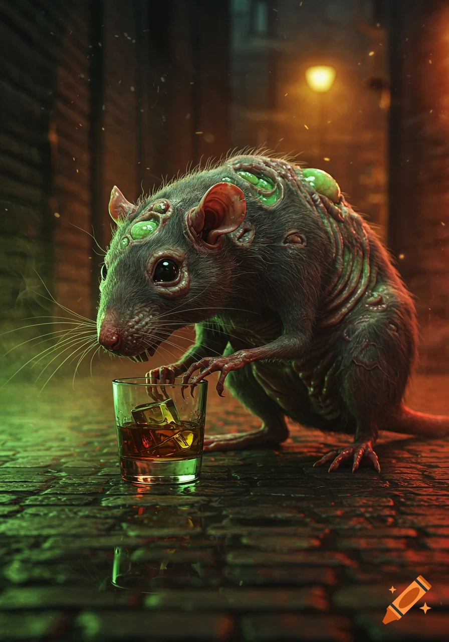 A grotesque mutated rat with glowing green pustules on its back, reaching for a glass of whisky on a wet cobblestone street in a dark alley.