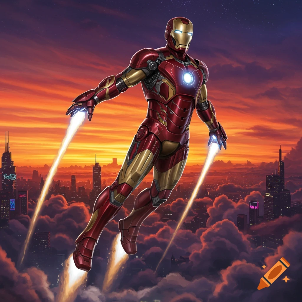 Iron Man flies over a cloud-covered cityscape at sunset, rockets blazing from his hands and feet, in a highly detailed, dramatic style.