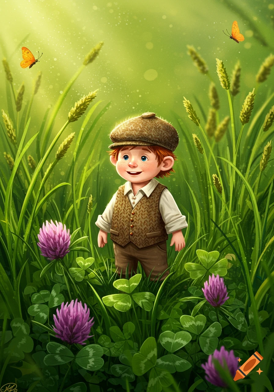 A whimsical illustration of a small boy with red hair and a cap standing in a field of tall green grass and clover, with butterflies flying around.