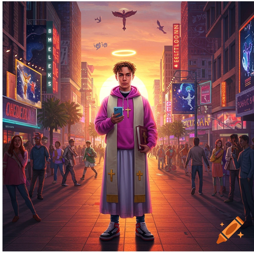 Young man in a priest's robe and hoodie with a halo stands in a neon-lit city street at sunset, holding a phone and book.