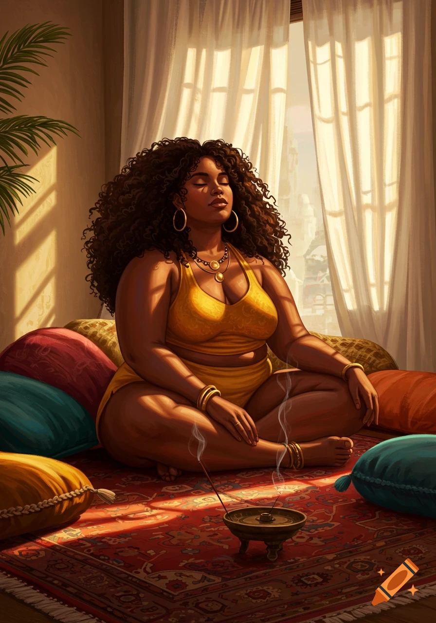 A curvy Black woman meditates cross-legged on a patterned rug, surrounded by pillows, in a sunlit room with burning incense.