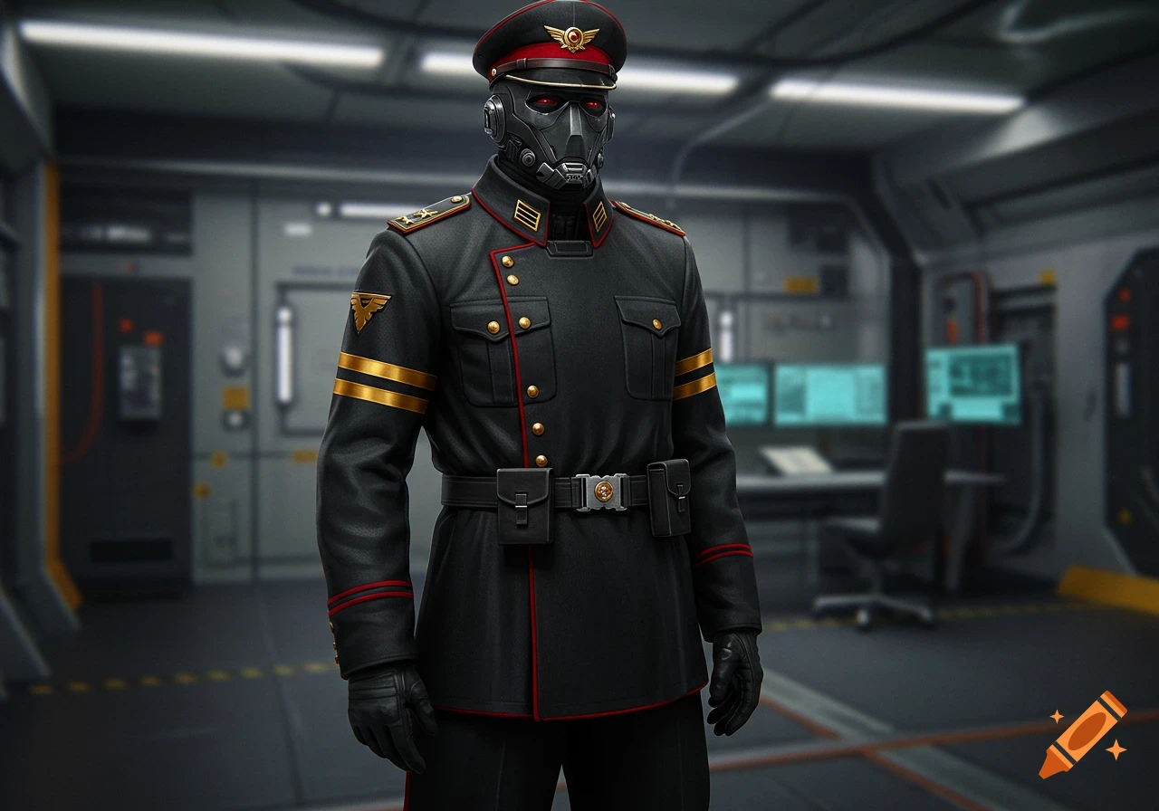 A futuristic officer in a black uniform with red trim and golden stripes, wearing a black gas mask-like helmet with glowing red eyes and a matching cap, stands in a metallic, dimly lit sci-fi interior.