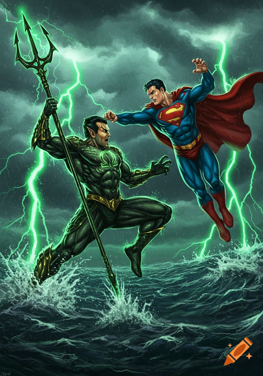 Superman punches a green-armored character with an omega symbol and trident in a stormy sea with green lightning, comic art style.