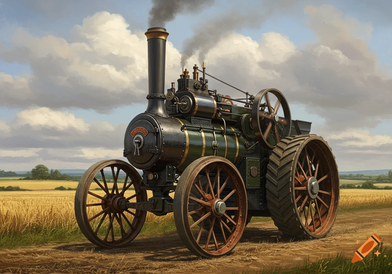 A vintage green and black traction engine with large wheels on a dirt path in a golden field under a cloudy sky.