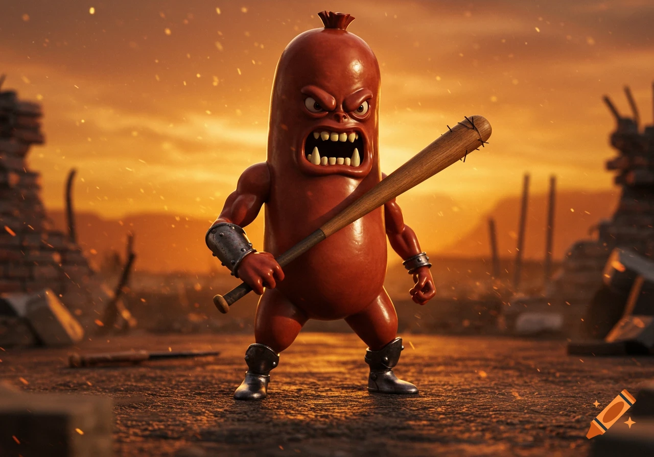 An angry, muscular cartoon sausage character with big teeth holds a spiked baseball bat in a gritty, fiery post-apocalyptic setting.