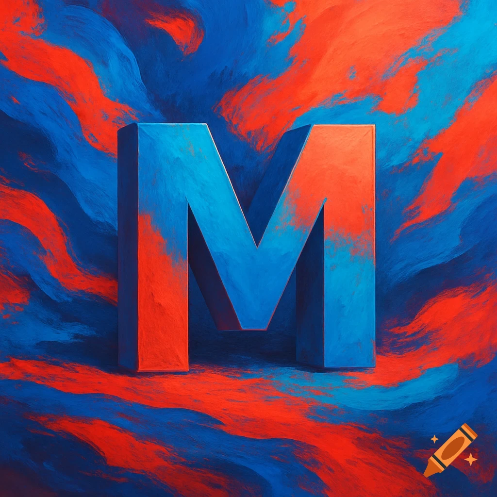 A large 3D block letter M, painted in blue and red, against an abstract background of swirling blue and red paint strokes.