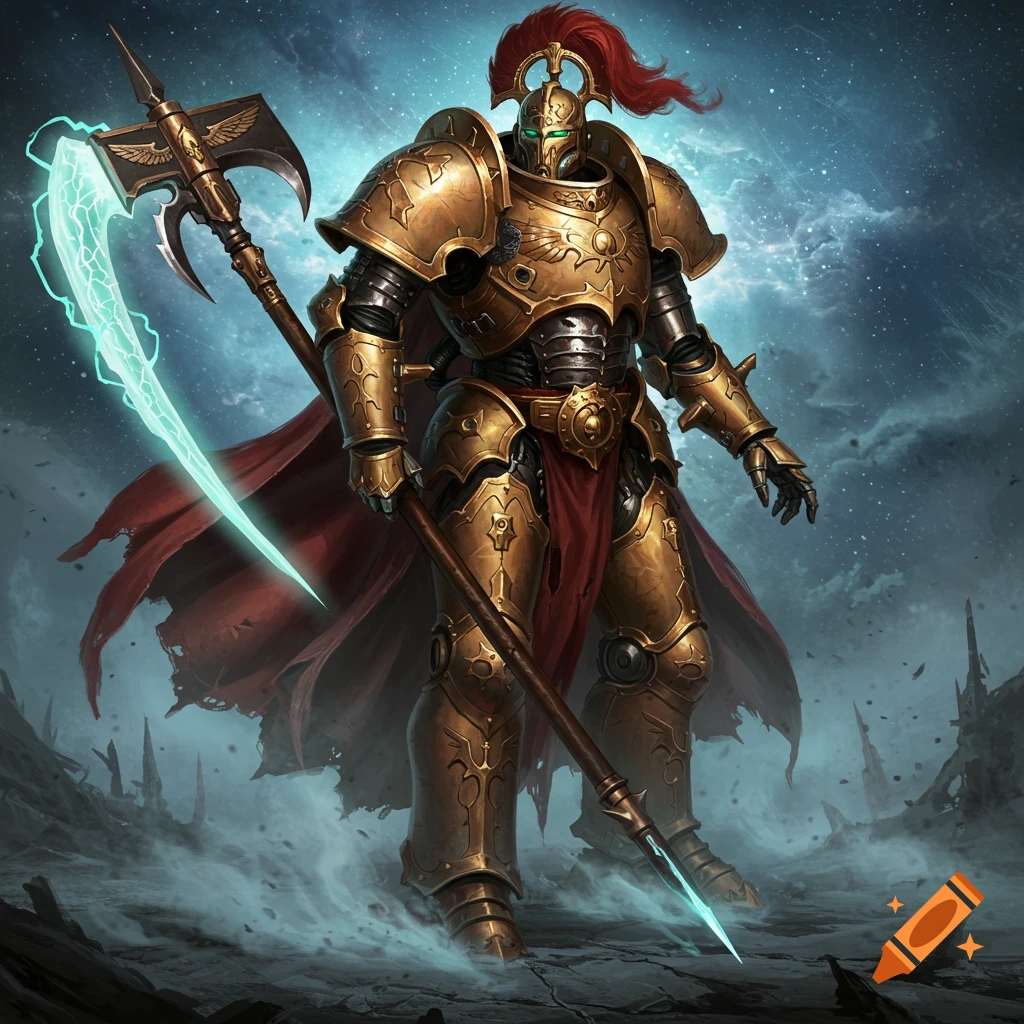 A majestic sci-fi knight in ornate golden armor and a red cape stands in a desolate landscape, wielding a glowing energy scythe.