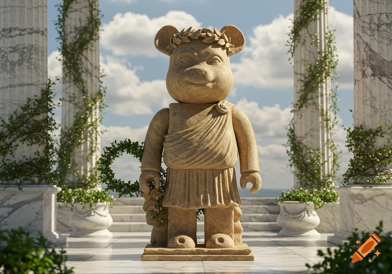 A stone statue of a Labubu character as a Greek god, wearing a laurel wreath and toga, standing on a marble patio with columns and vines.