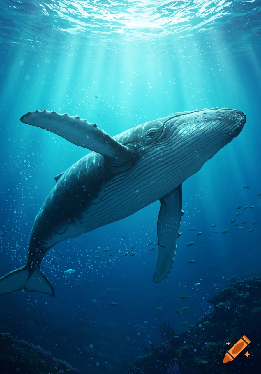 A large humpback whale swims gracefully in bright blue ocean waters, illuminated by sun rays filtering from the surface.