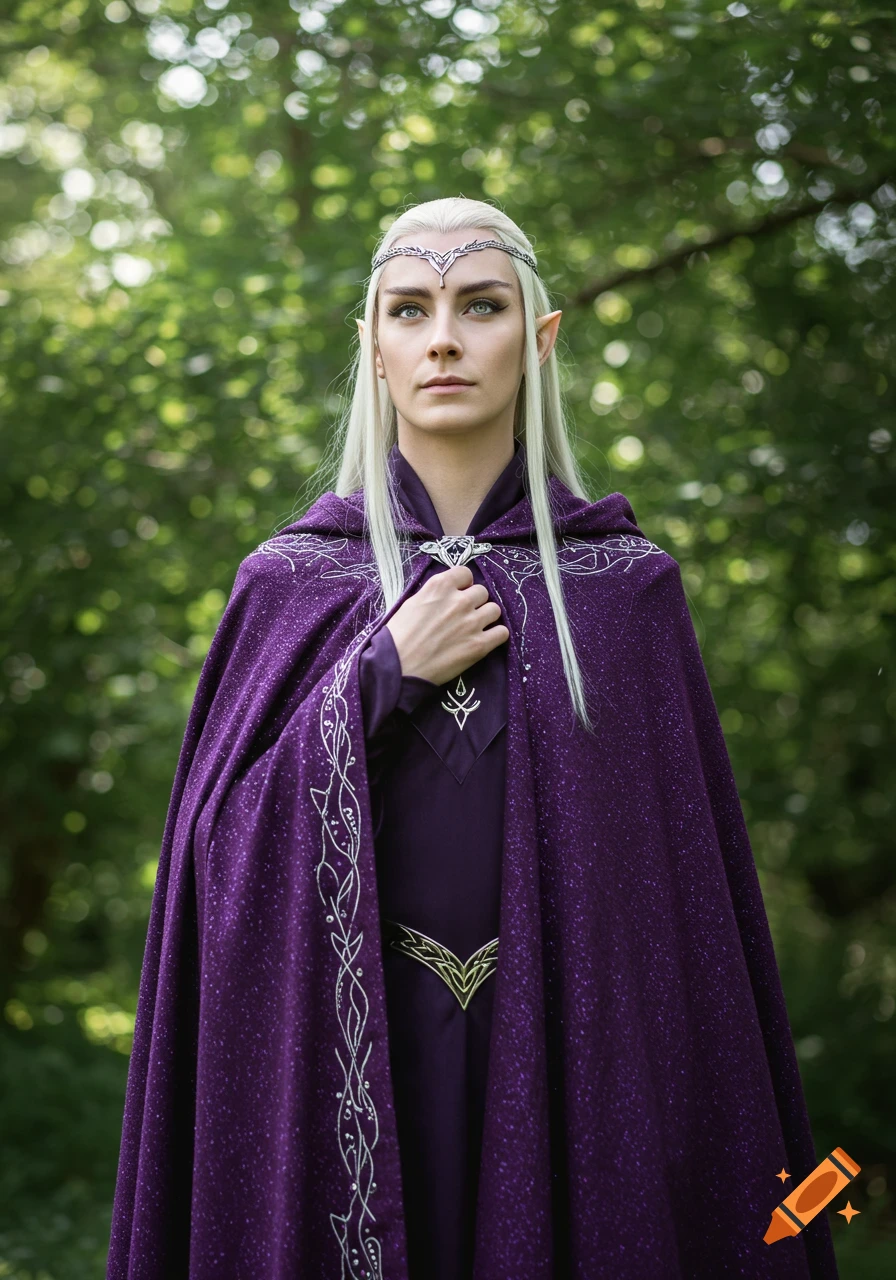 Photorealistic portrait of an elf with long white hair, pointed ears, and an elaborate purple cloak in a forest.