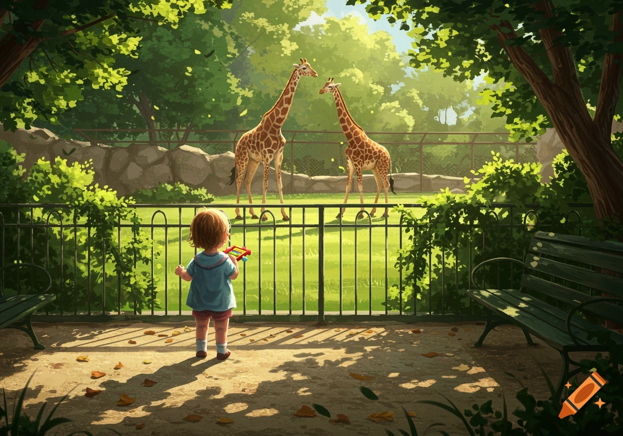 An illustrated view of a small child from behind, looking at two giraffes at a zoo enclosure.