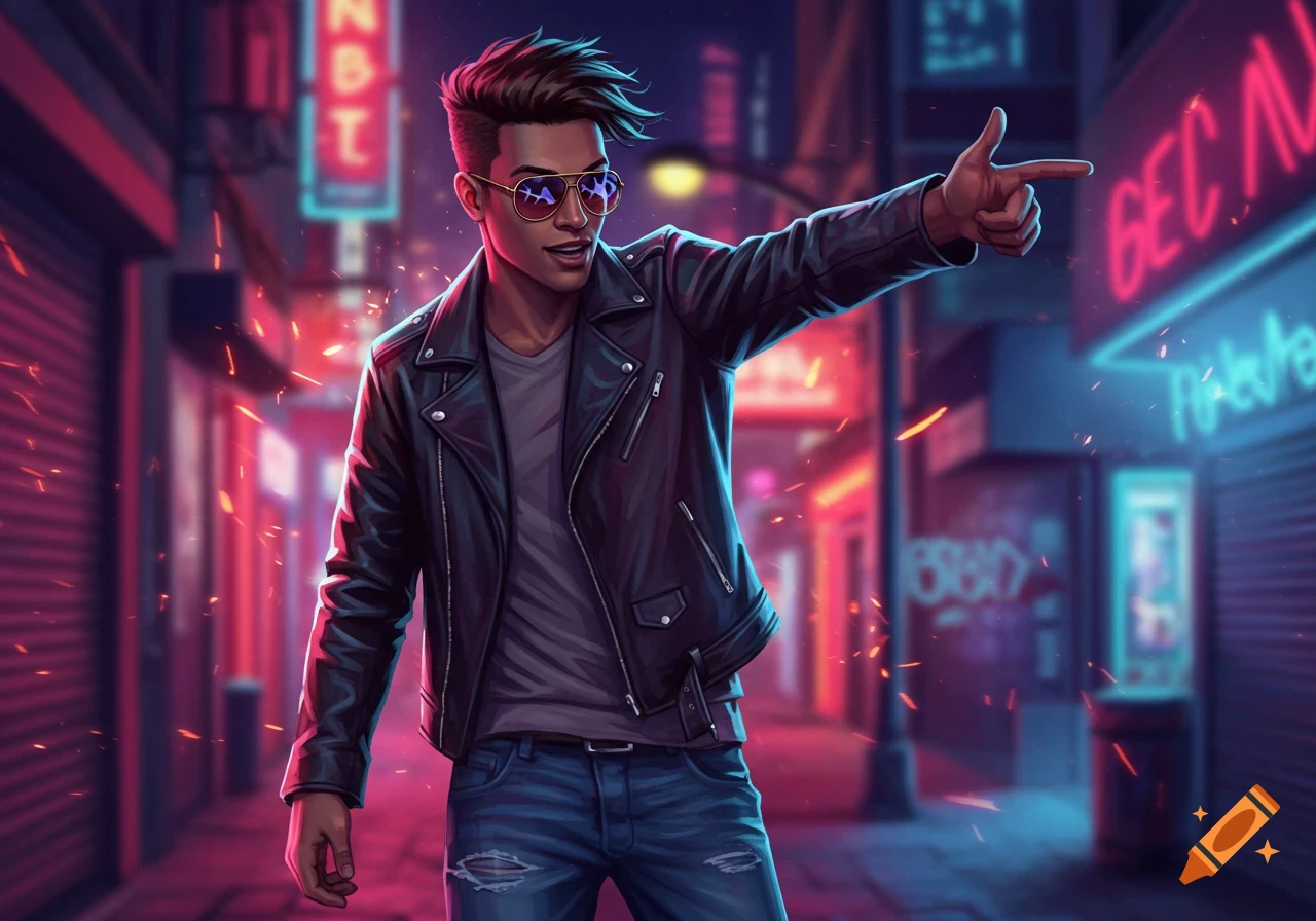 A stylized man in a leather jacket and sunglasses points forward on a neon-lit city street.