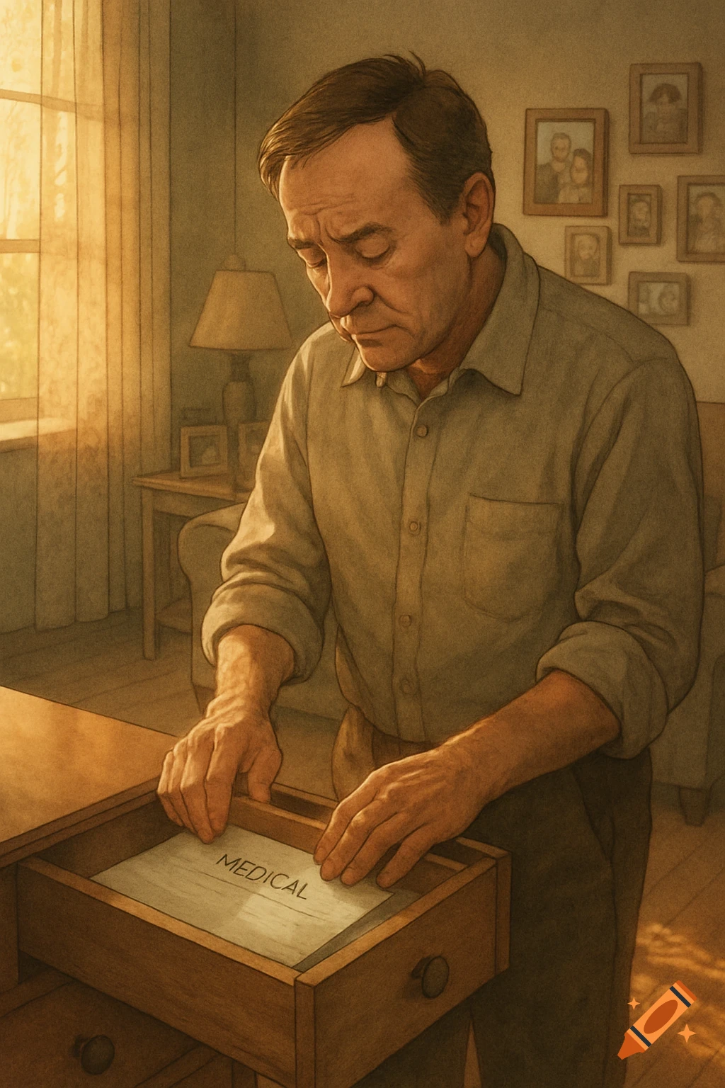 A somber older man places a paper labeled 'MEDICAL' into a wooden drawer in a sunlit room, illustration style.