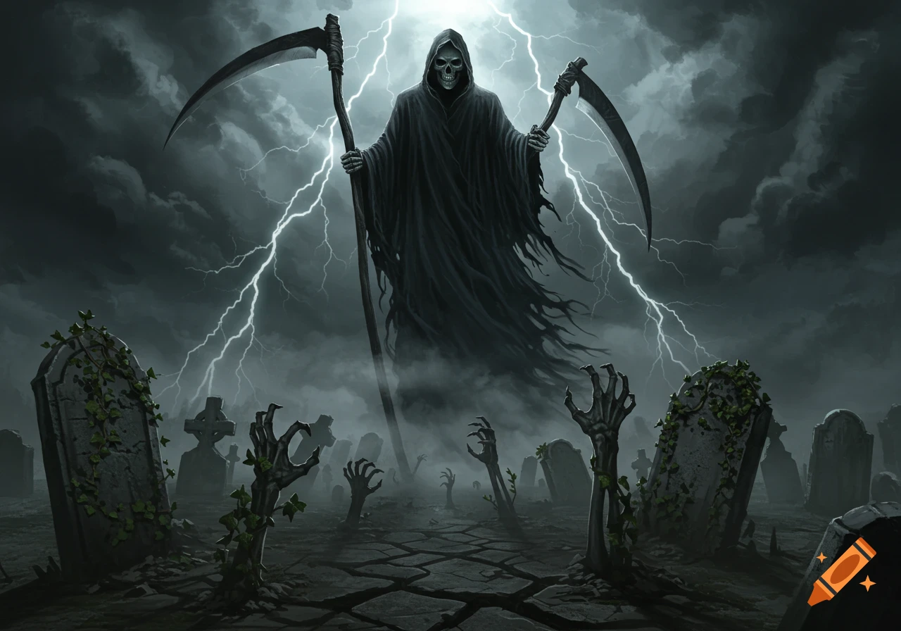 A menacing Grim Reaper with two scythes looms over a foggy graveyard with zombie hands reaching up, illuminated by lightning.