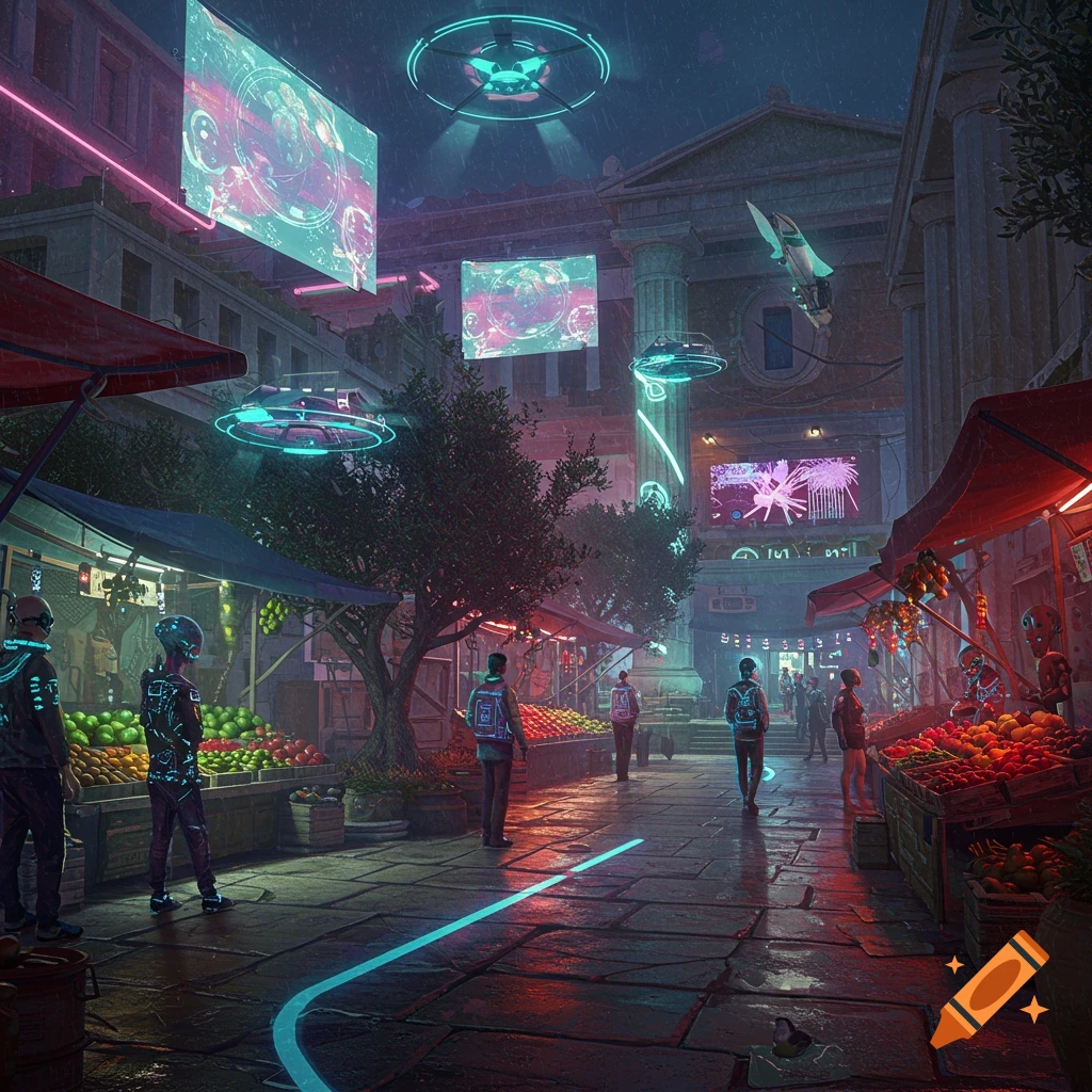 A vibrant cyberpunk market at night, featuring glowing screens, futuristic drones, and market stalls with people under neon lights, set against ancient Greek architecture.