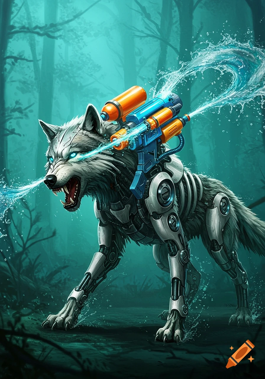 A cybernetic wolf with glowing blue eyes, equipped with an orange and blue water blaster on its back, shoots water in a dark forest.