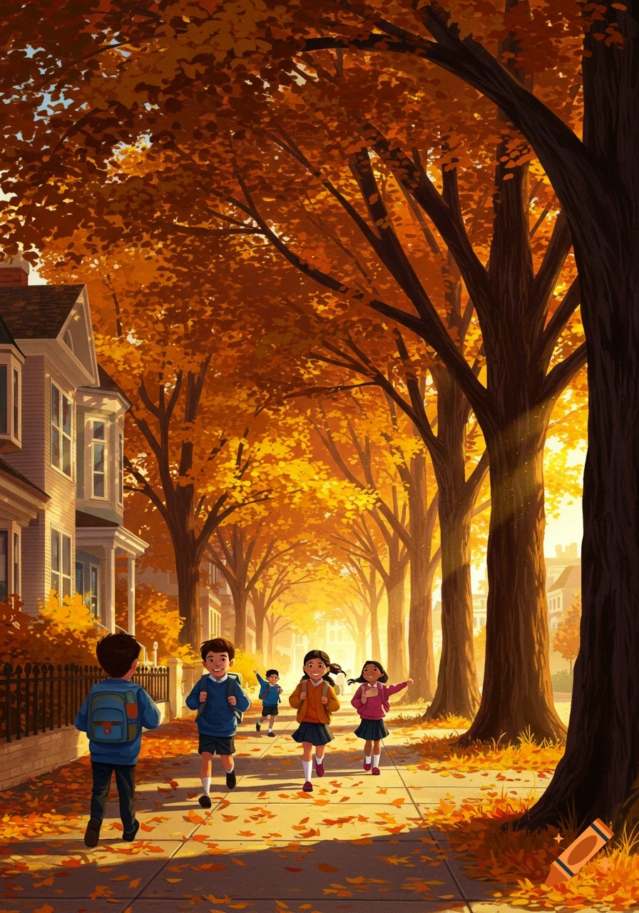 Vibrant illustration of happy children walking on a tree-lined street filled with colorful autumn leaves, heading towards school.