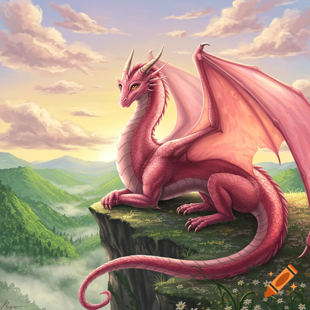 A large pink dragon with golden eyes rests on a cliff overlooking a misty green valley at sunset.