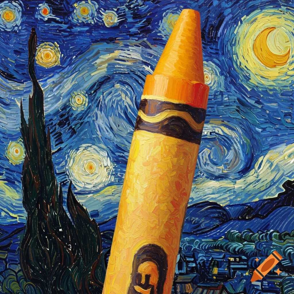 A yellow crayon painted in the style of Van Gogh's 'Starry Night,' with swirling blue sky and bright stars.